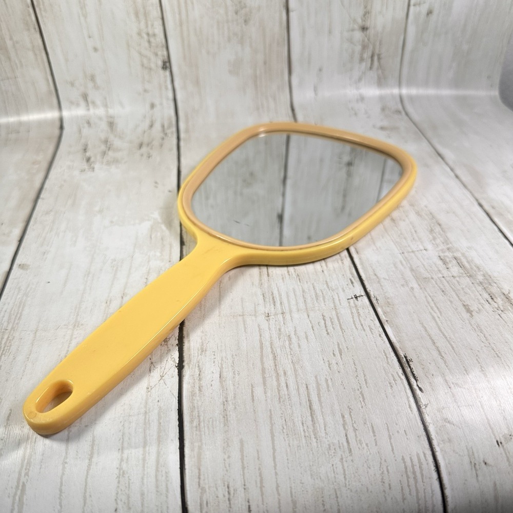 Beige Hand Mirror Plastic 11" Rectangular Textured Back Vintage Hong Kong